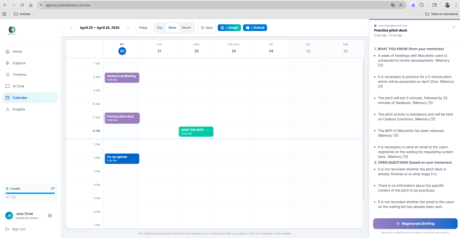 My-CoMind — Calendar Briefing view