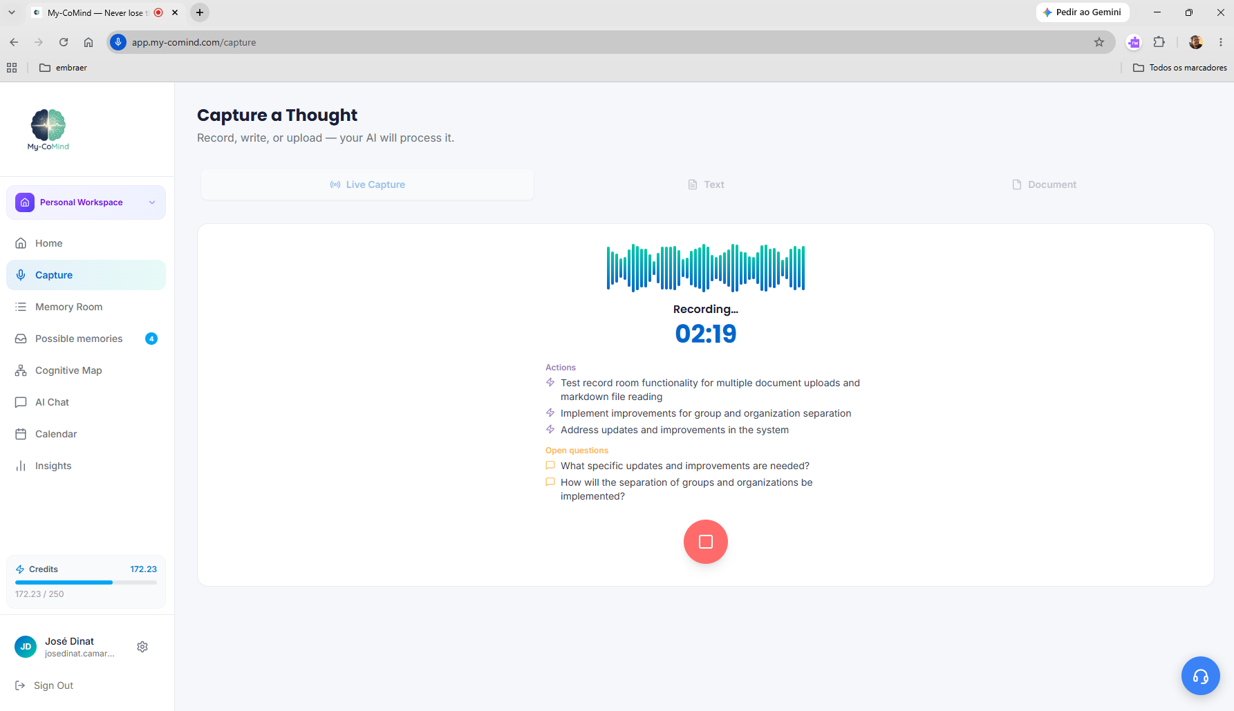 My-CoMind Live Capture recording a meeting while decisions and open questions are detected