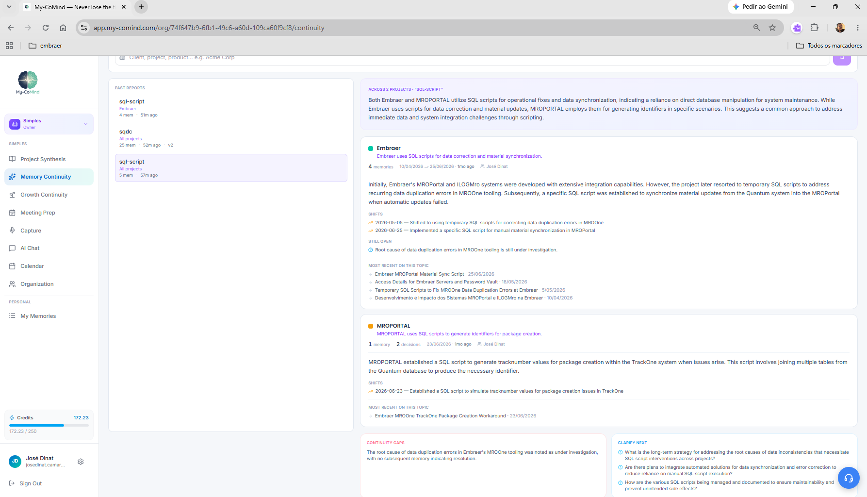 Project Synthesis in a My-CoMind organization, showing one topic read across projects