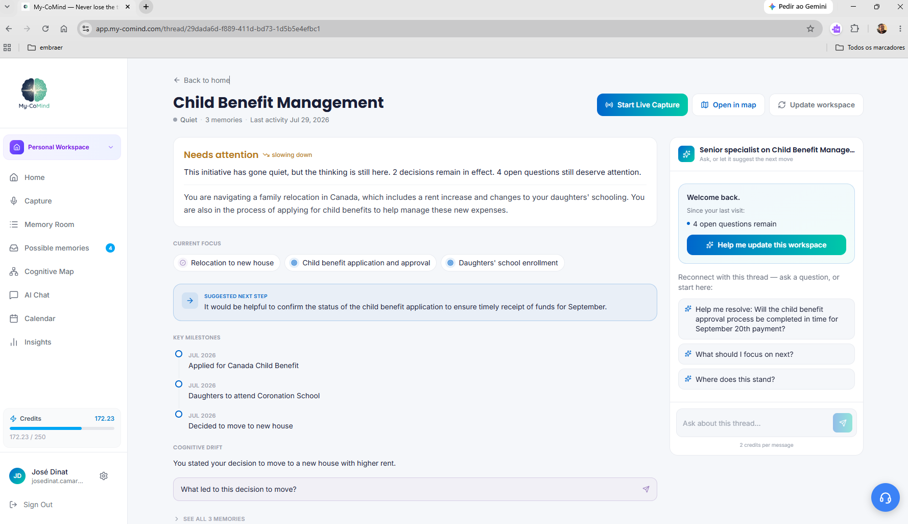A My-CoMind living workspace showing where the topic stands, its milestones and open points