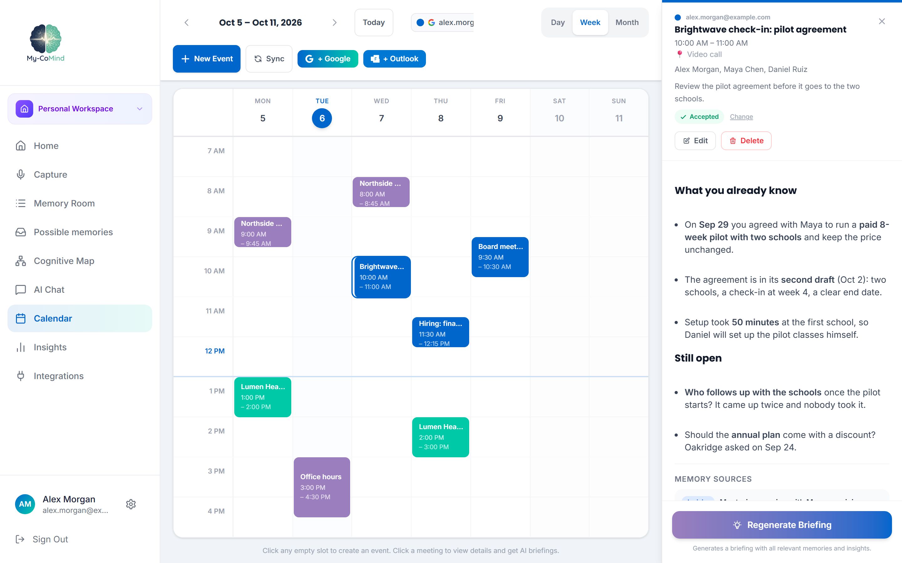 Calendar week view with a meeting briefing built from past memories