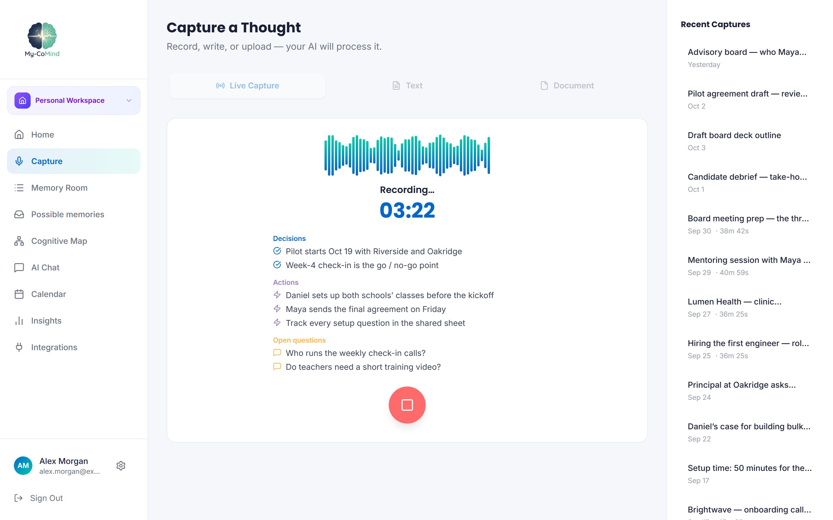 My-CoMind Live Capture recording a meeting while decisions and open questions are detected