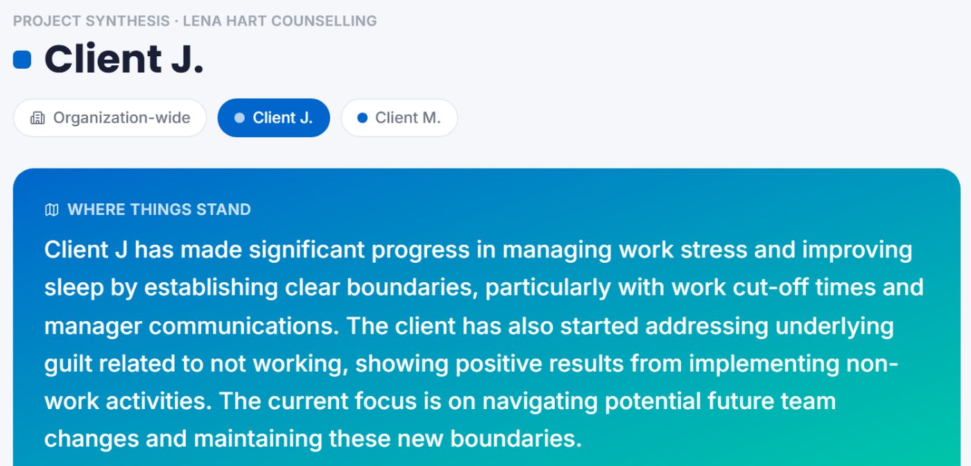 One client’s page: where things stand today