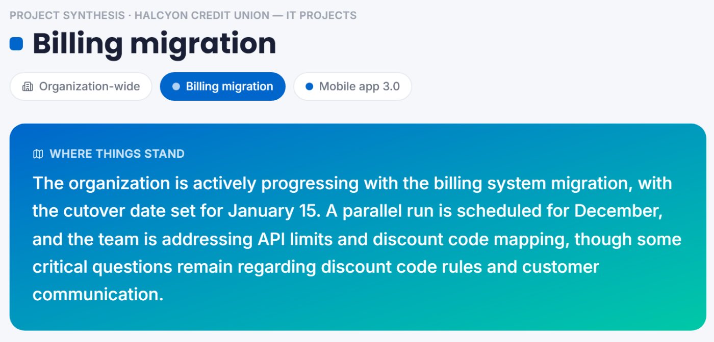 One project’s page: where things stand today