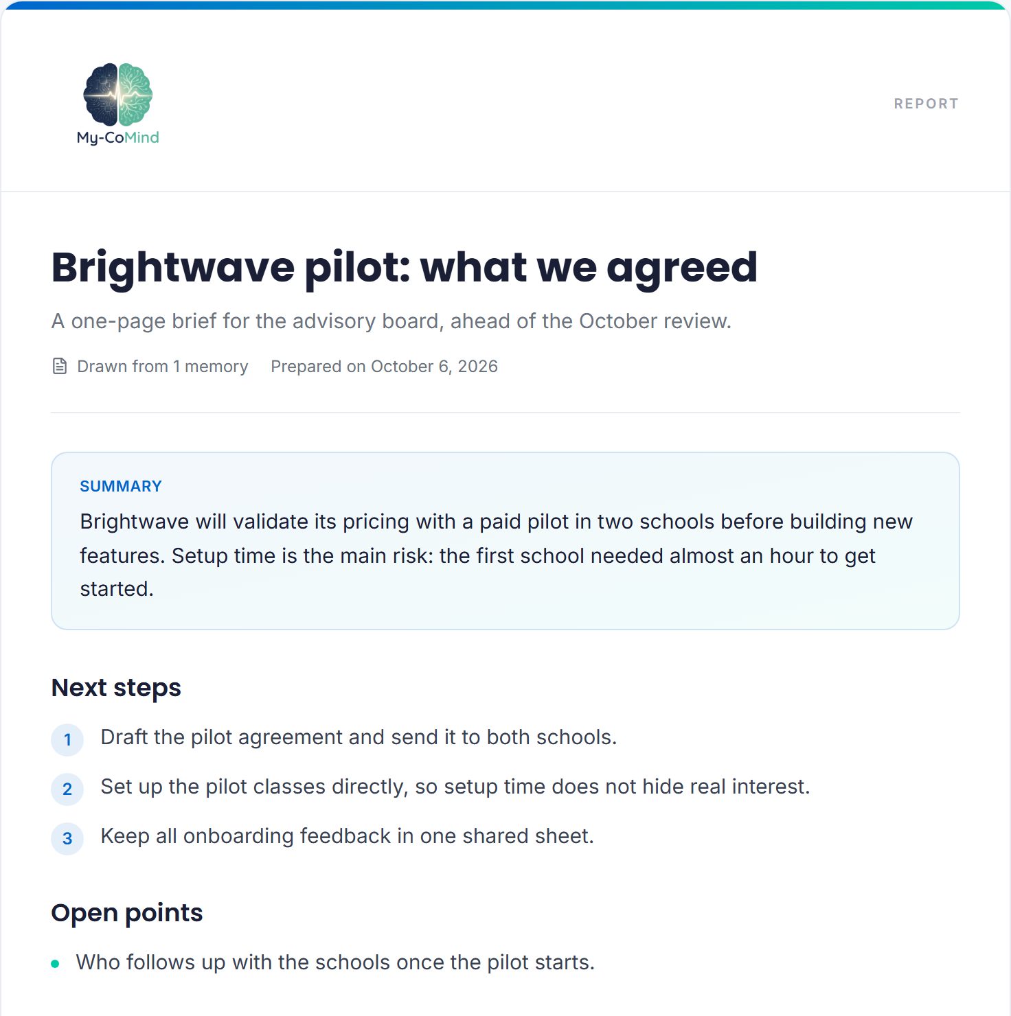 A shared report with a title, summary, next steps and open points